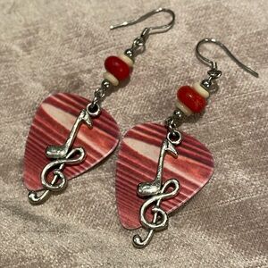 Guitar Pic Earrings Red & White Striped Music Note Earrings